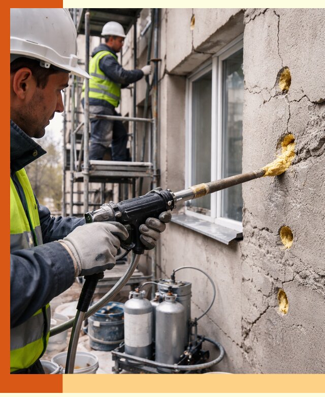 Заполнение пустот в фасаде и утепление стен в Светлограде